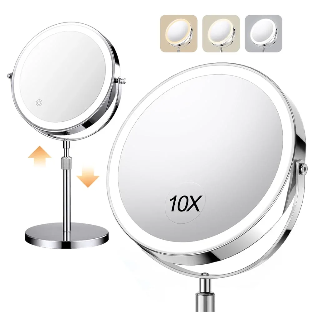 8 Inch Makeup Mirror With Light Lamp 10X Magnification 3 Color Lights,Adjustable Brightness Height Standing Cosmetic Mirror