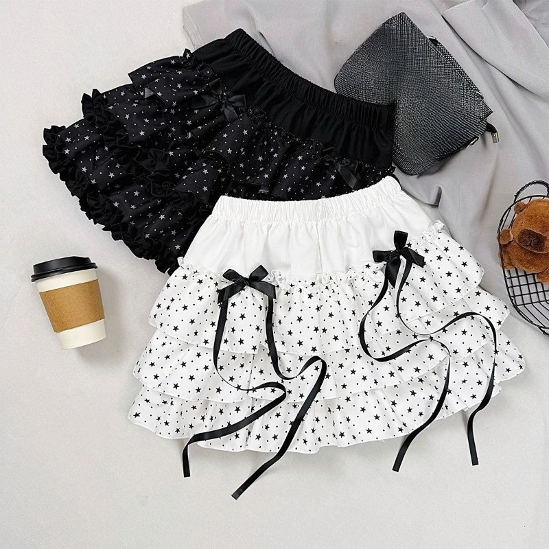 Y2K Lace Bow Cake Skirt Women Japanese Lolita Ruffle Mini Skirt Summer Y2k Print Korean Fashion Skirt Hot Girls
