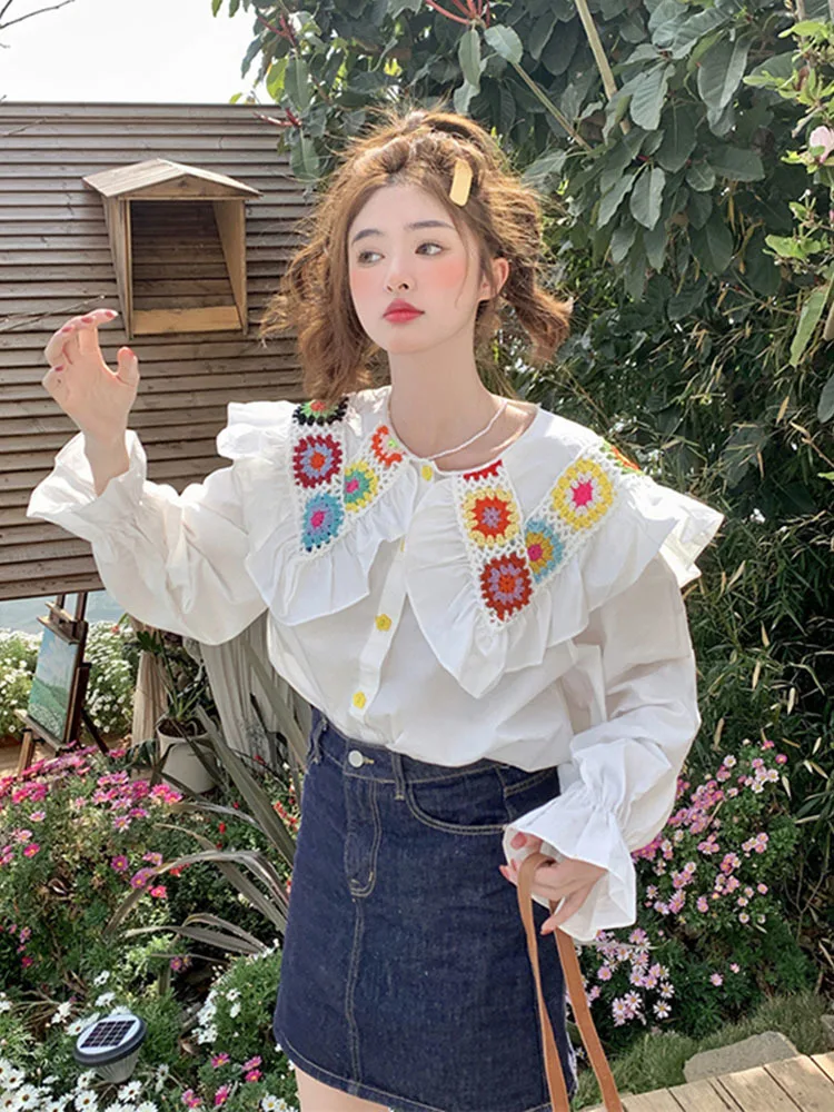 Woven Flower Peter Pan Collar Blouse Women Single Breasted Flare Long Sleeves Sweet Shirts Korean All Match Loose Tops