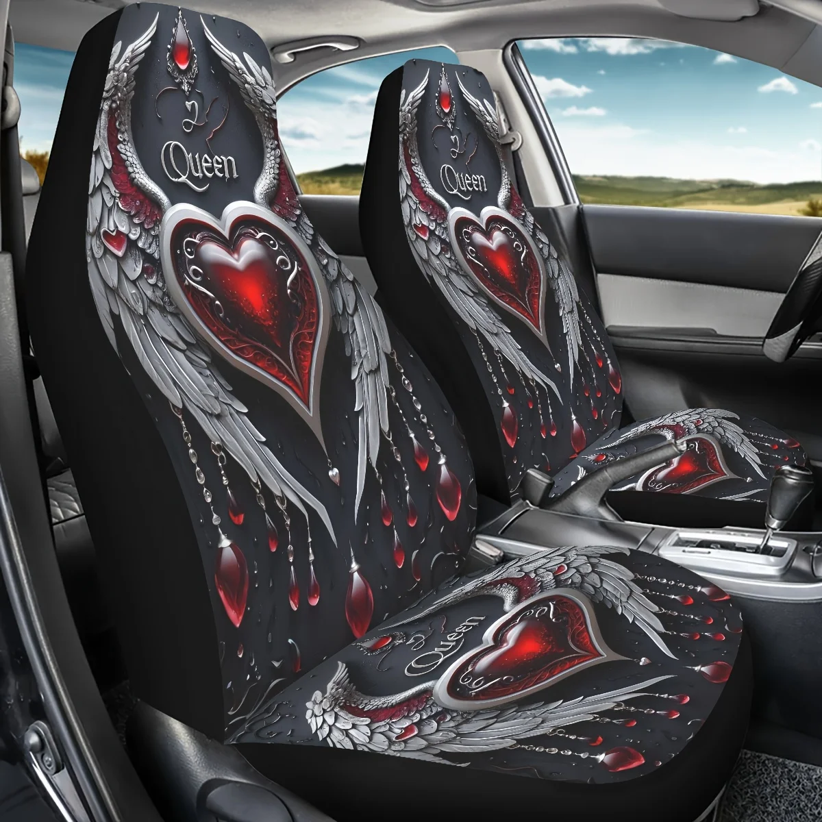 2pcs Gothic Wing Y2K Queen Heart Wings Print Car Seat Covers Elegant Red Black Design Fit for Cars SUVs Trucks Washable