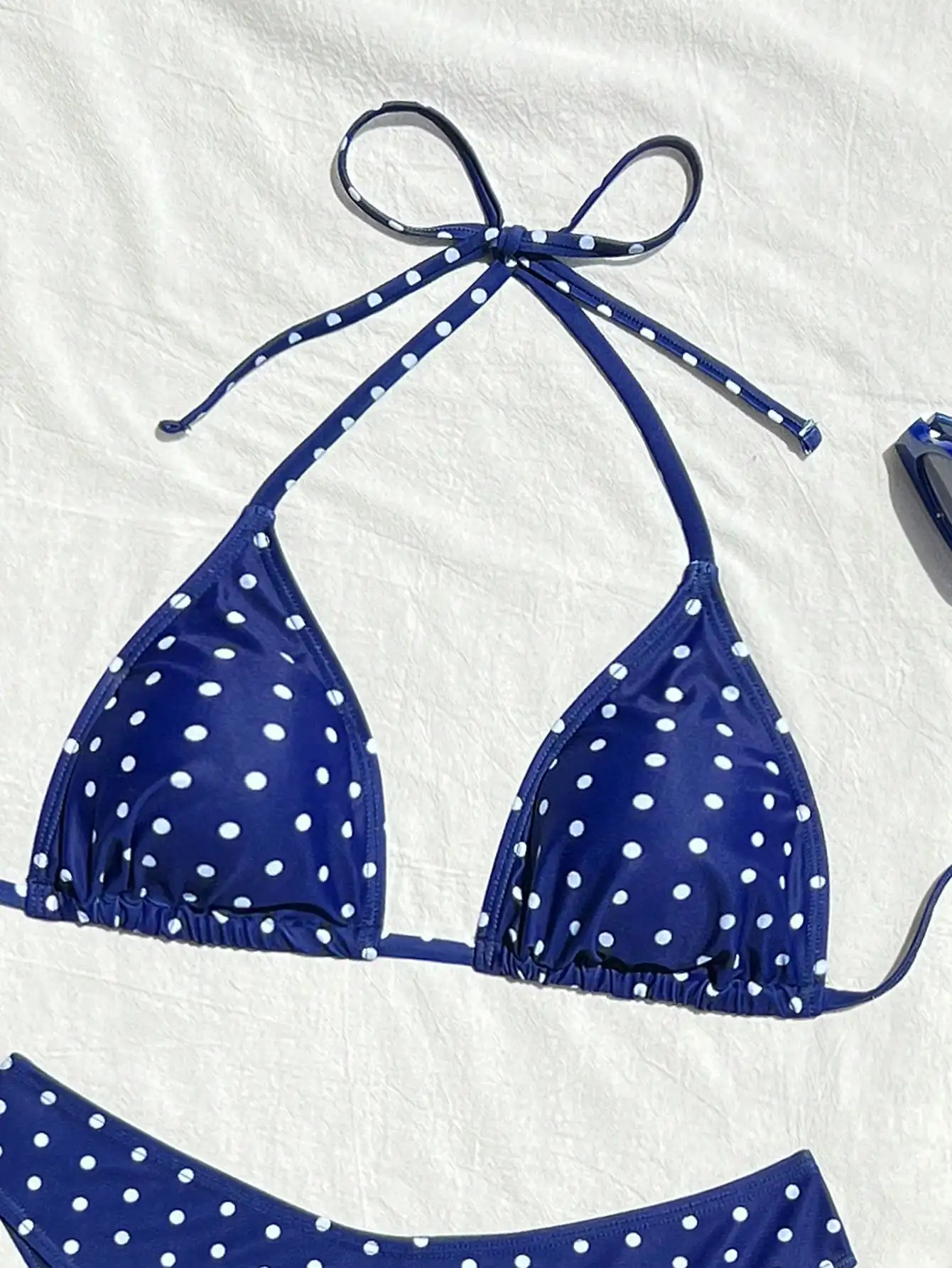 

Navy Blue White Polka Dot Halter Triangle Bikini Set High Cut Women Swimwear