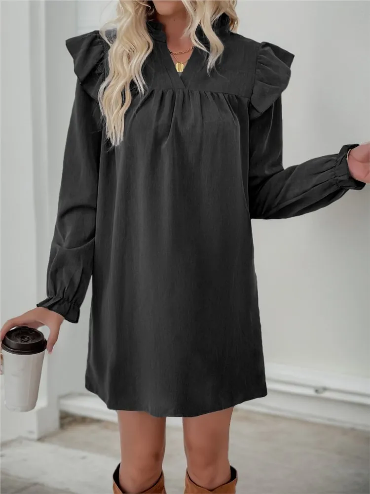 

Dresses 2025 Woman Solid Color Ruffled Long Sleeve Loose Stand Collar Dress Simple Style All-match Vestidos Temperament Trendy