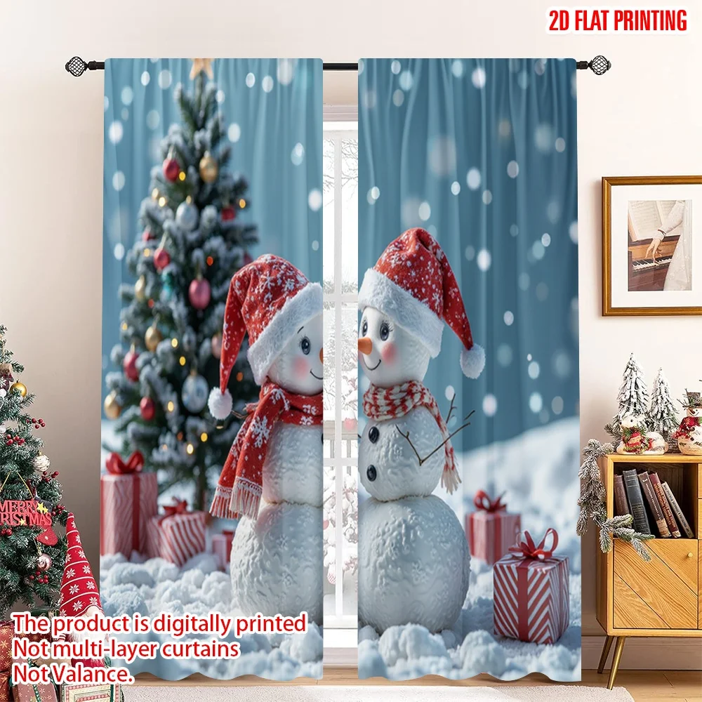 

2pcs 2D flat printing Christmas Drapes Cute Snowmen Christmas Tree Gifts 100% Polyester Without Electricity Festive Wall Decor