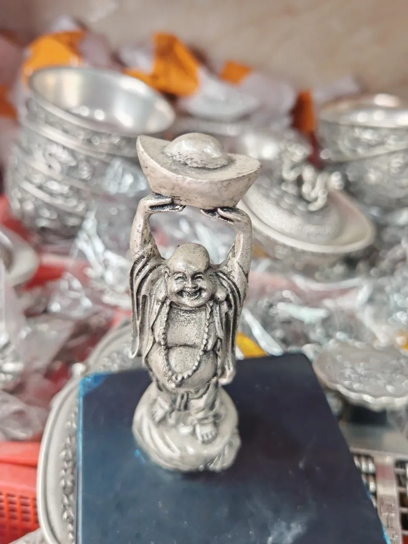 Vintage Lucky Buddha Decorative Figurine Resin Standing Statue Silver Tone Ingot Craft Ornament for Home Desktop Shelf Decor