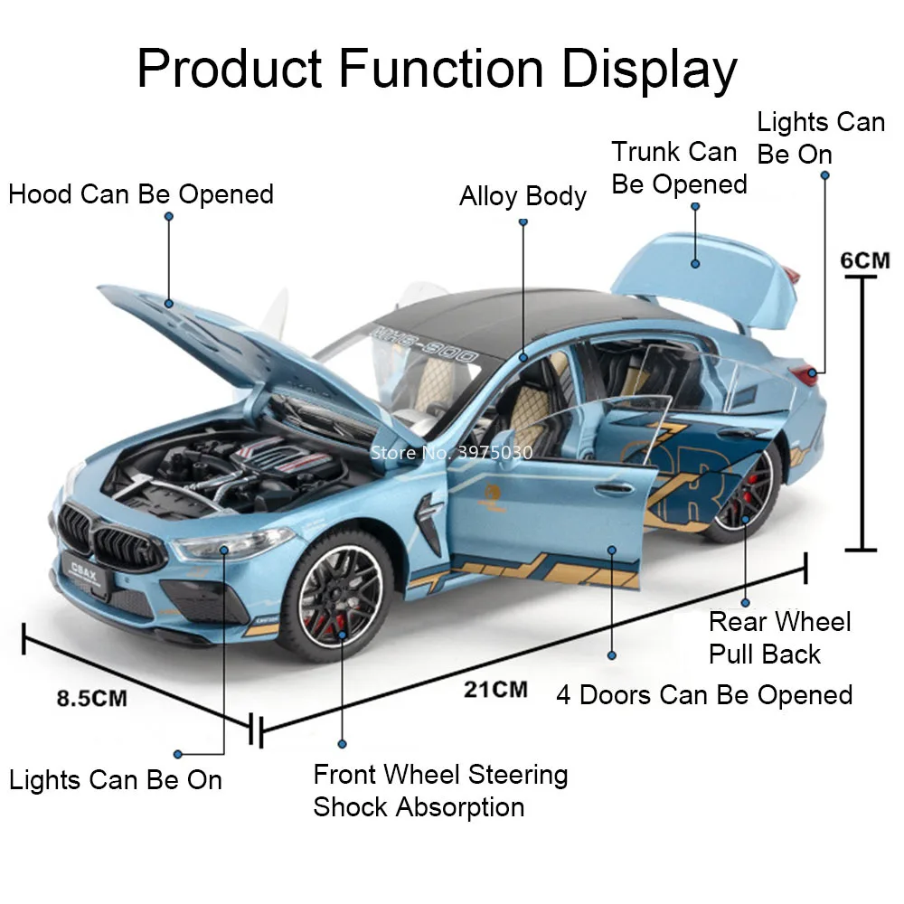 Scale 1:24 M8 M5 Alloy Car Model Toy Front Wheel Steering Shock Absorption Sports Cars Miniature Vehicles Models Hobby Presents