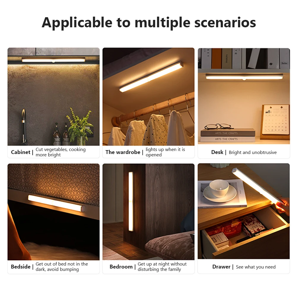 Smart LED Night Light USB Rechargeable Wireless Motion Sensor Closet Night Lamp Magnetic Cordless Light Bar For Wardrobe