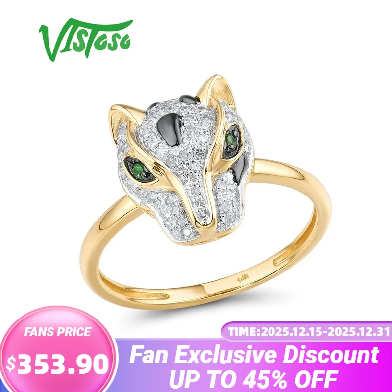 

VISTOSO Gold Ring For Women Genuine 14K 585 Yellow Gold Leopard Ring Green Garnet Sparkling Diamond Engagement Fine Jewelry