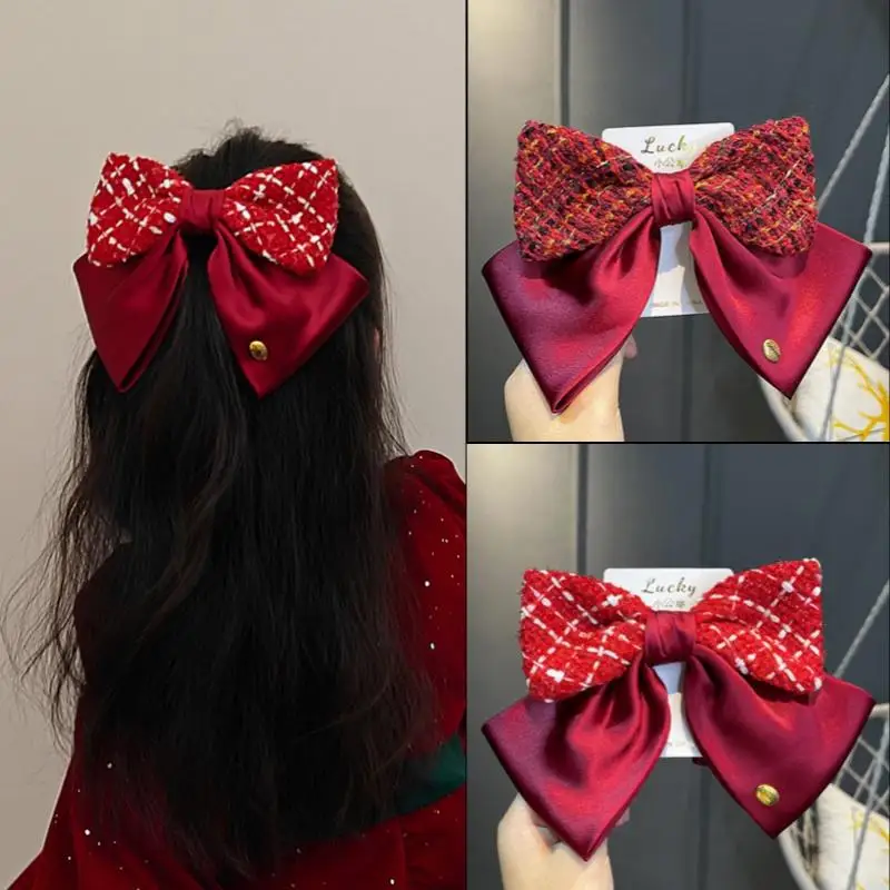 Fermaglio per capelli con fiocco scozzese rosso, fermaglio per capelli da donna, temperamento dolce, festa di Capodanno, copricapo da principessa, accessori per capelli alla moda, regali