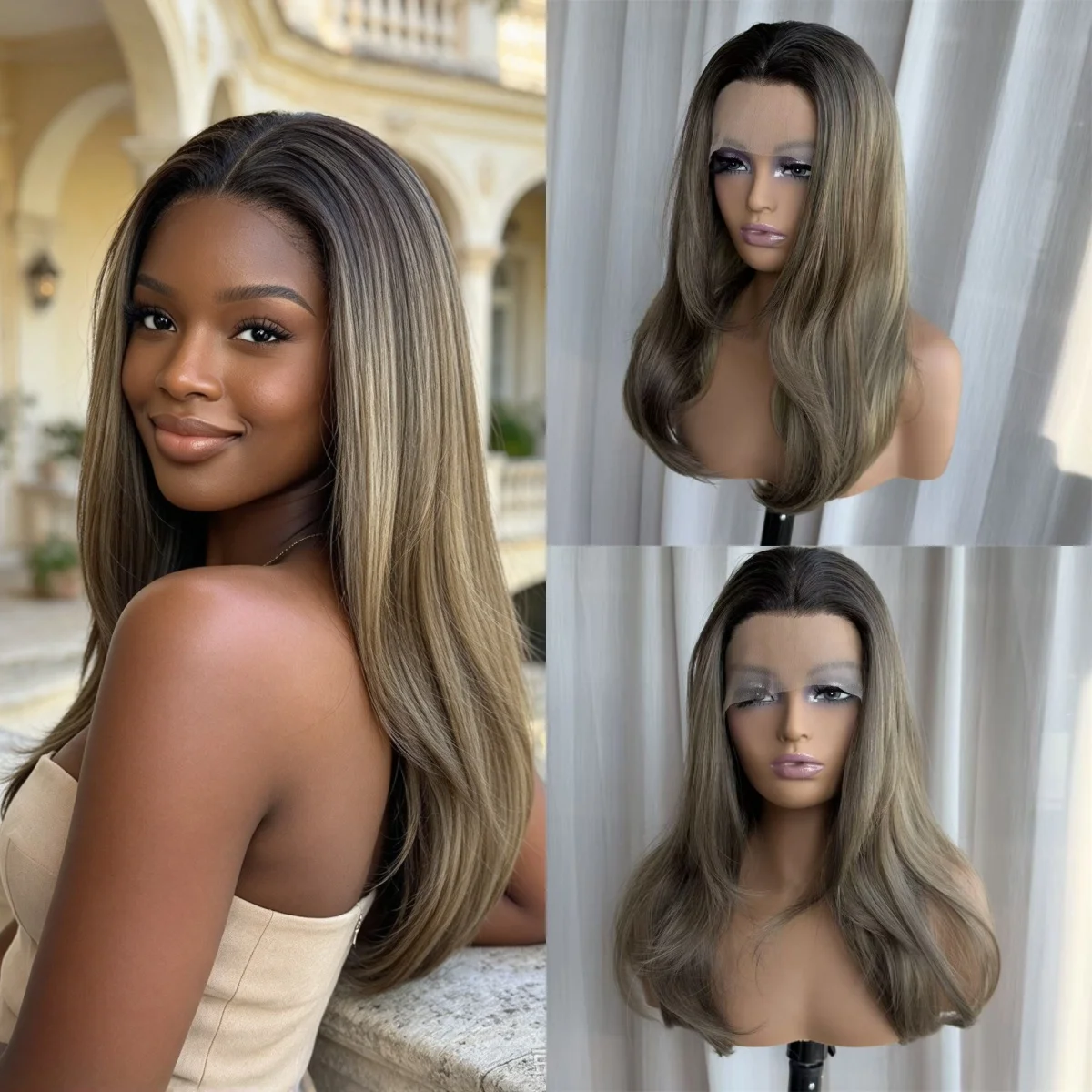 Ombre Brown with Blonde Streaks Synthetic HD Lace Front Wig Mixed Human Hair Glueless Preplucked Hairline Natural Straight Wig