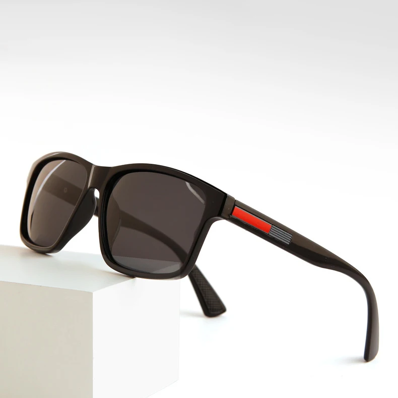 Men Square Polarized Sunglasses UV400 PC Frame Red Strip Decor Temples Driving Fishing Outdoor Travel Shades 895