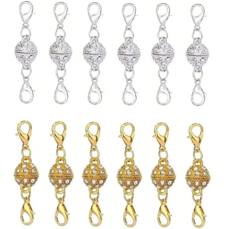 

12-Piece Gold And Silver Rhinestone Spherical Magnetic Lobster Clasp, Easy To Install And Remove, Suitable For Jewelry Necklaces And Bracelets.