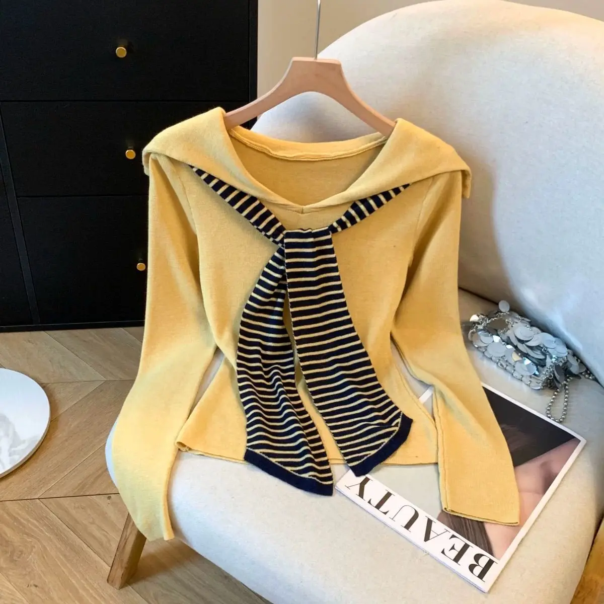Nueva Camiseta de Manga Larga para Mujer, Estilo Casual, para Otoño y Primavera, con Cuello Marinero, Rayas y Diseño que Estiliza y Rejuvenece