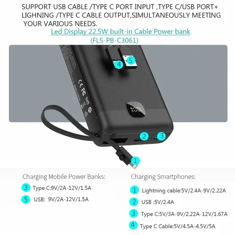 30000 мАч Power Bank VOOC Flash Charge 22,5 Вт, встроенные кабели и ремешок, цифровой дисплей, портативное зарядное устройство для внешнего аккумулятора