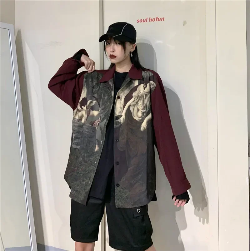 Neploe Vintage Angel Print Blouse Shirt Japanse Streetwear Blusas Vest Lange Mouwen Oversized Tops Vrouwen Mannen Kleding Blusas