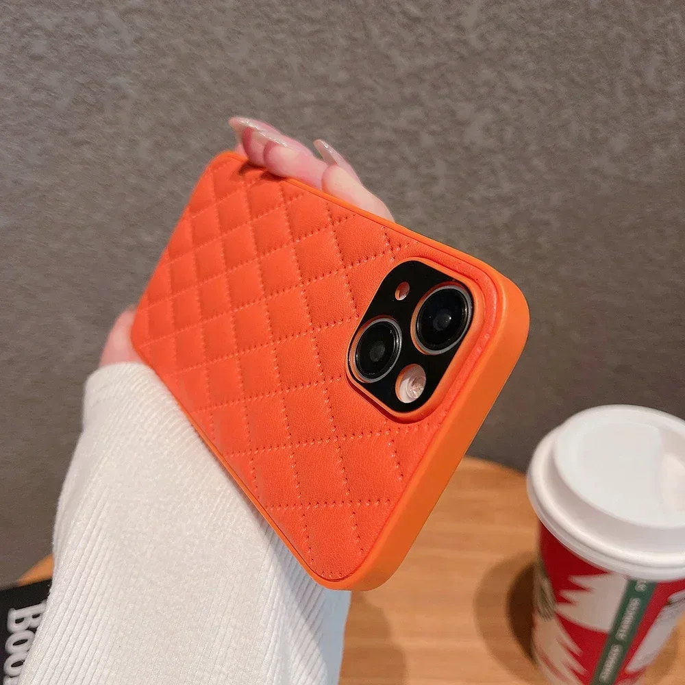 Custodia per telefono con finiture in pelle PU con reticolo rombico per iPhone 16 15 14 Plus 13 12 11 Pro Max Cover posteriore con telaio in TPU morbido