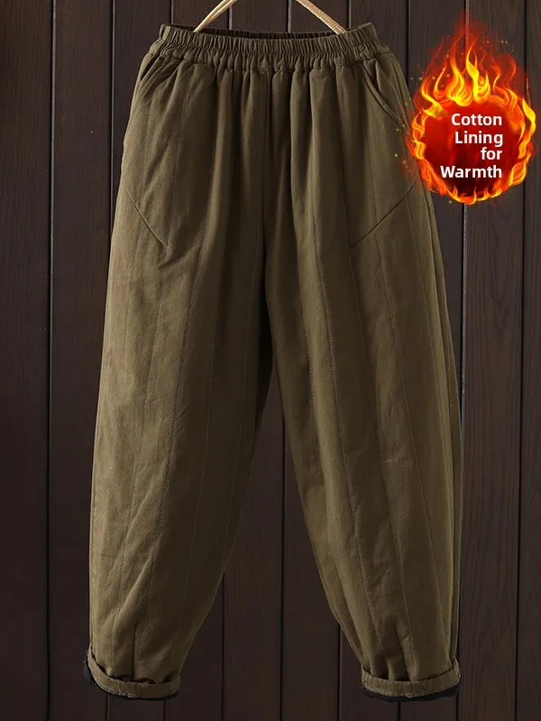 عادية فضفاض القطن هارلان السراويل Thiened مرونة الخصر حجم كبير المرأة شتاء جديد Sle الفني لون نقي سراويل قطنية #3