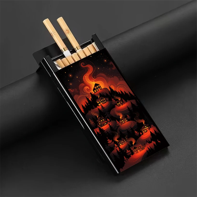 Street Landscape Theme, Elegant Aluminum & Plastic Cigarette Case Combo, 100MM & 84MM, Flip Top, Power-Free, Battery-Free