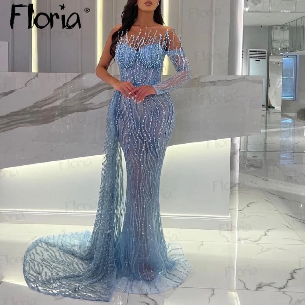 Robe de Soirée Longue Sirène Bleu Clair au Design Unique, Tenue de Cérémonie de Mariage, Hors Bateau, pour Occasions Formelles, 2023