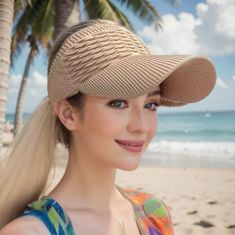

Women's Summer Knitted Empty Top Sun Hat Wide Brim Anti-UV Ponytail Visor Hat Breathable Beach Outdoor Sun Protection Caps