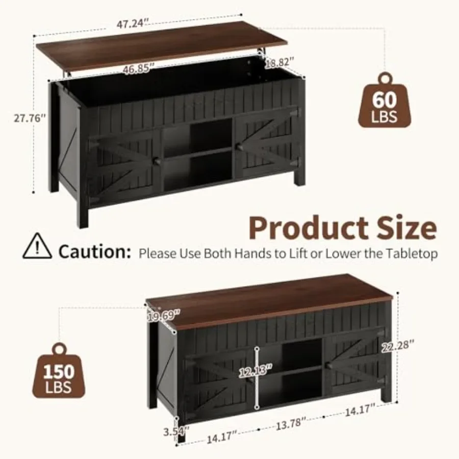 47.3 Lift Top Coffee Table for Living Room Use, Farmhouse Wood, Natural Brown, Hidden Compartment Adjustable Shelf