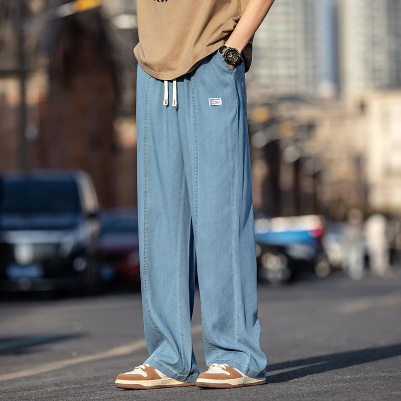 

Ice Silk Men's Straight Leg Jeans American Retro adient Casual Summer Trendy Brand Loose Wide Leg Floor-Length Pants