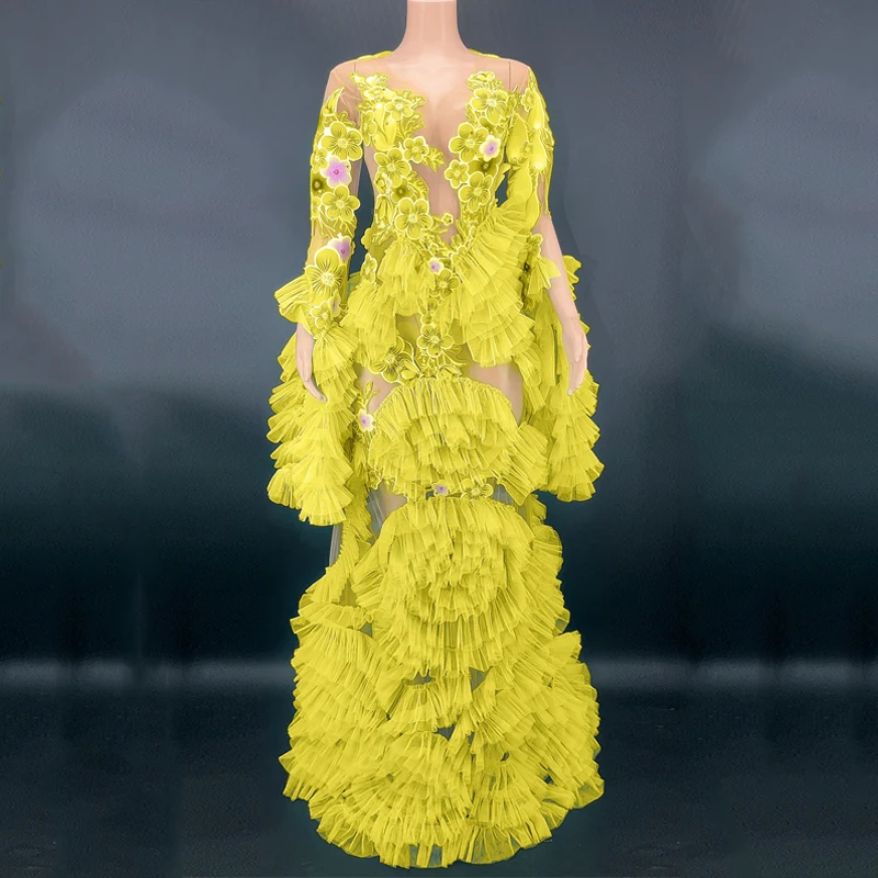 متعدد الألوان لزجة زهرة فستان طويل مثير الشاش زائدة مساء اللباس عيد ميلاد احتفال الزي المرأة المرحلة زي