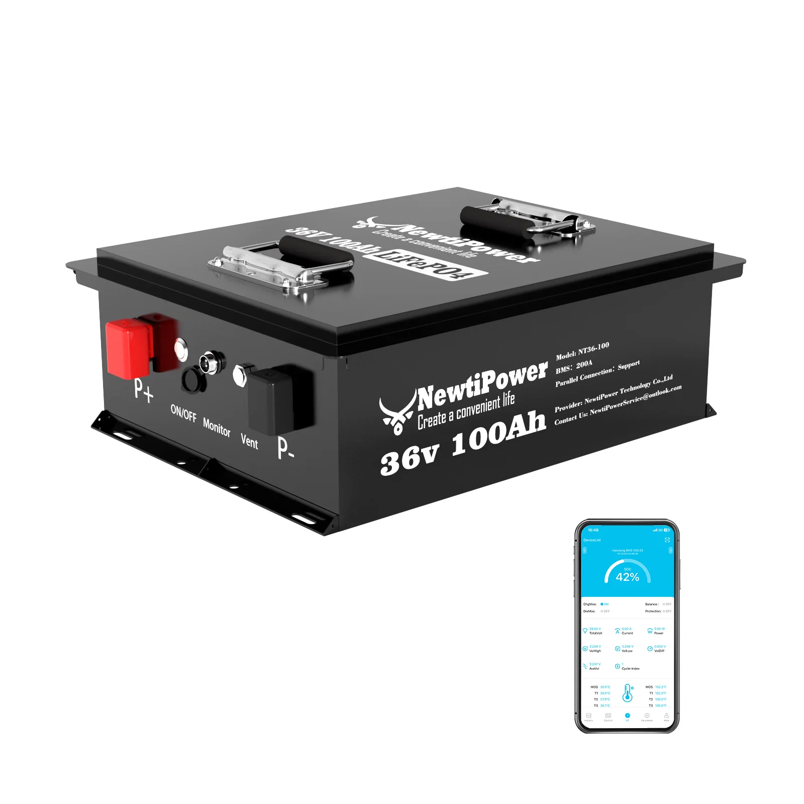 NewtiPower 36V 100Ah LiFePO4 Golf Cart Battery, 3840Wh Deep Cycle Lithium Battery, Built-in 200A BMS, Low-Temp Cut-off Protection, 10000+ Cycles for Golf Cart, ATV, Tour Cart