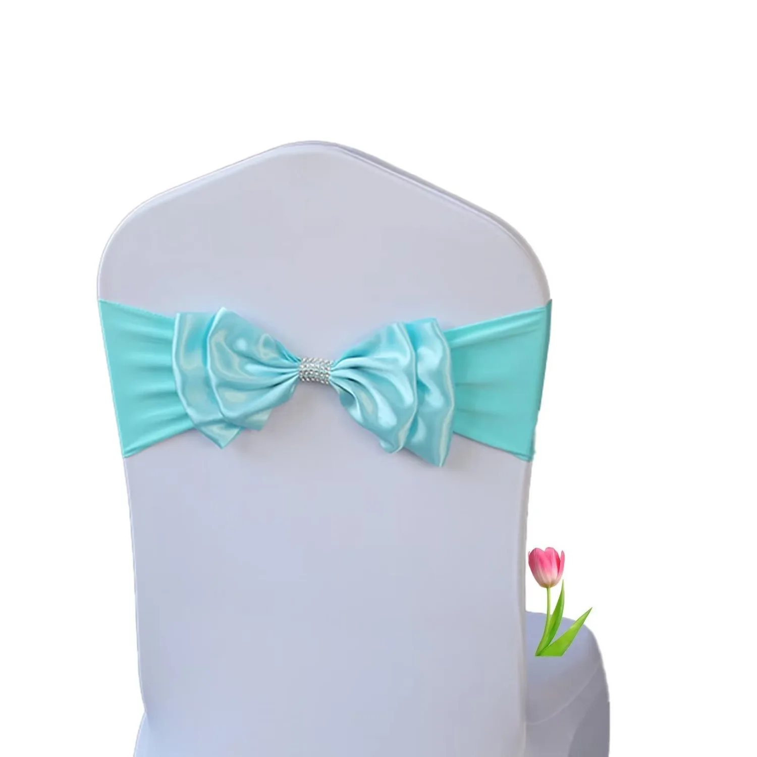 Pack of 100 Aqua Blue Double Bow Chair Sashes Spandex Stretch Chair Bands Elastic Chair Ties for Romantic Wedding Party