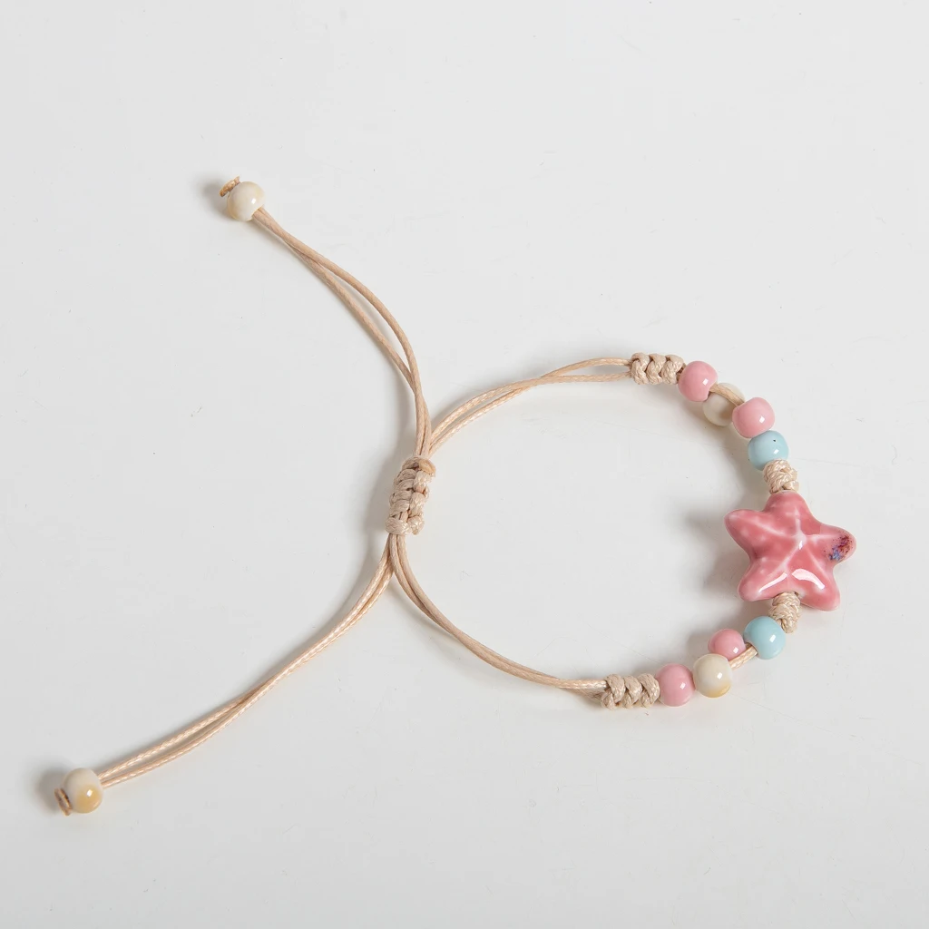 Pink Star Ceramic Handmade Bracelet for Women Adjustable Boho Macrame Rope Jewelry Gift S03-107