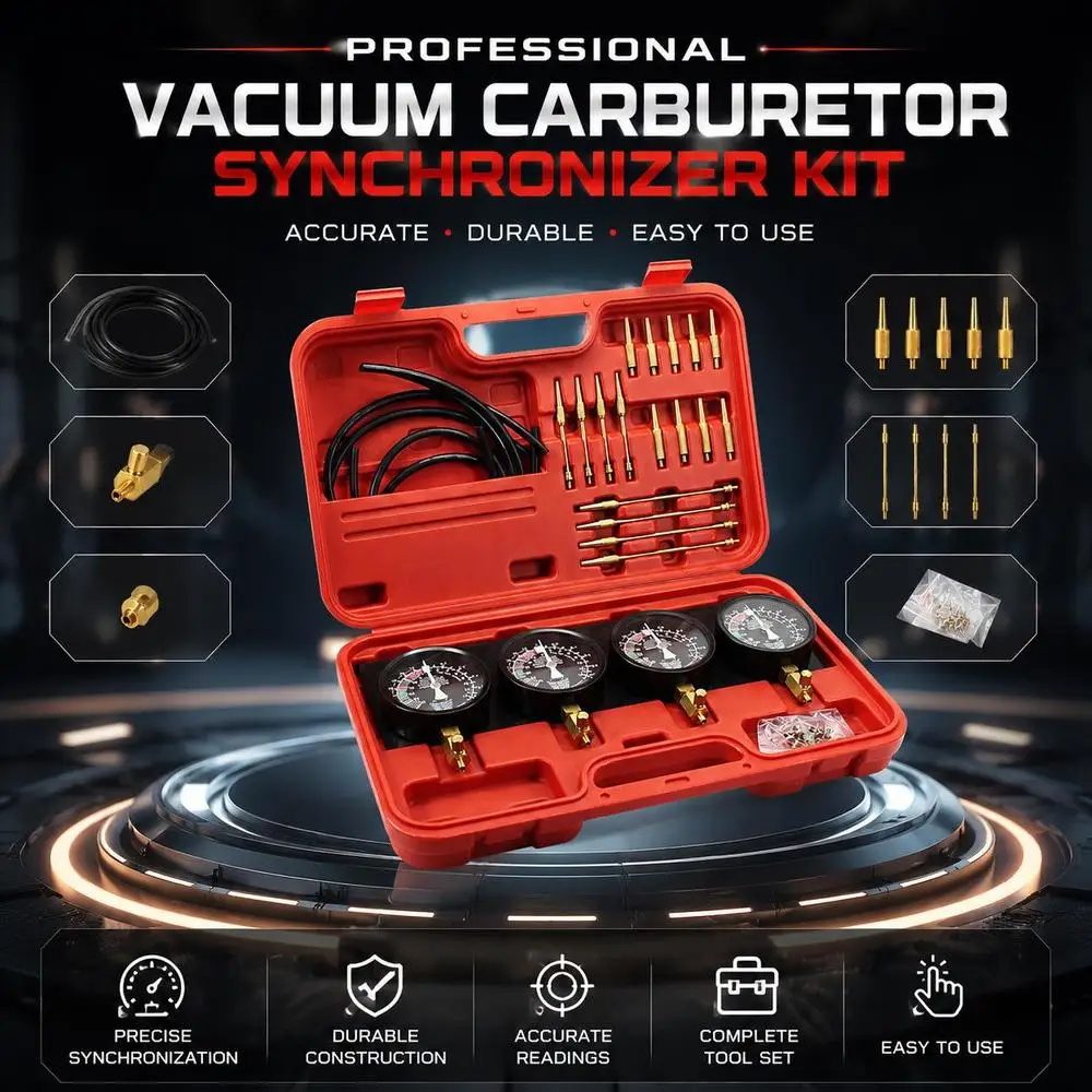 Kit de synchronisation de carburateur avec manomètres et outil de mesure du vide pour l'équilibrage des moteurs de motos et de quads à plusieurs cylindres, 50x30x15 cm, utilisation en atelier et en garage.