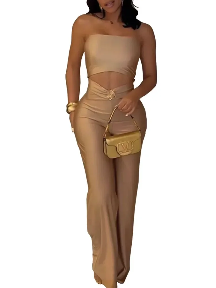 

Women's Sexy Solid Color Hollow Out Bandeau Rompers Strapless Wide Leg Bandeau Jumpsuits