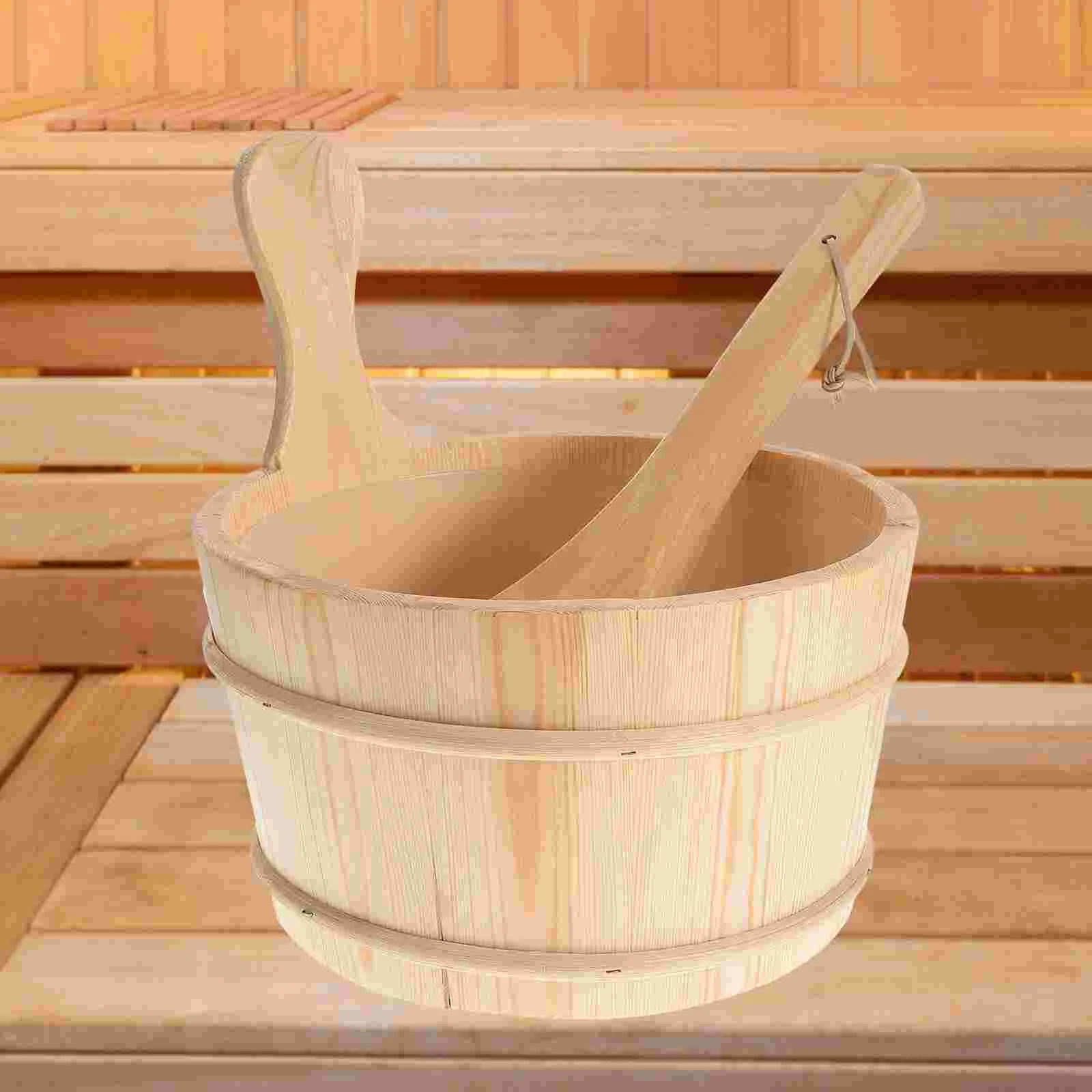 Sauna Bucket Wooden Ladle Andset Spa Pail Accessories Wood Spoon Footwater Bathing Ladel Tub Scoop Kit Bath Bowl Handmadesoaking