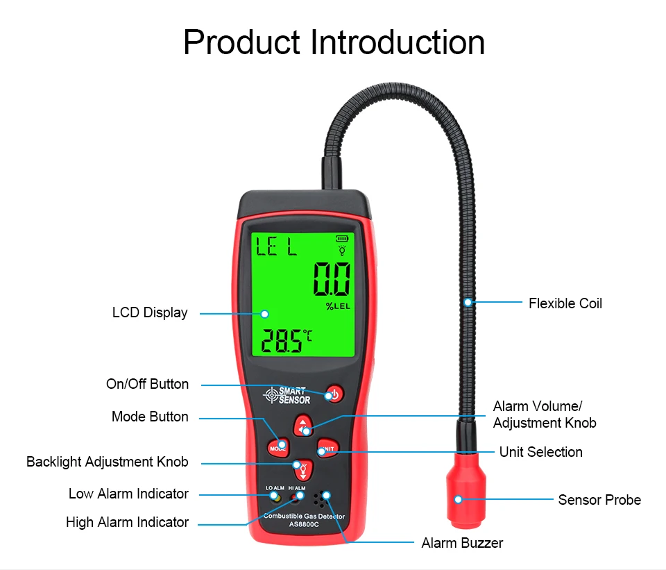 Tragbarer Gasleckdetektor 0-10000PPM mit Ton- und Lichtalarm, Messgerät für brennbare Gase, Tester für Erdgas, Methan und Rauchgas – Detail 10