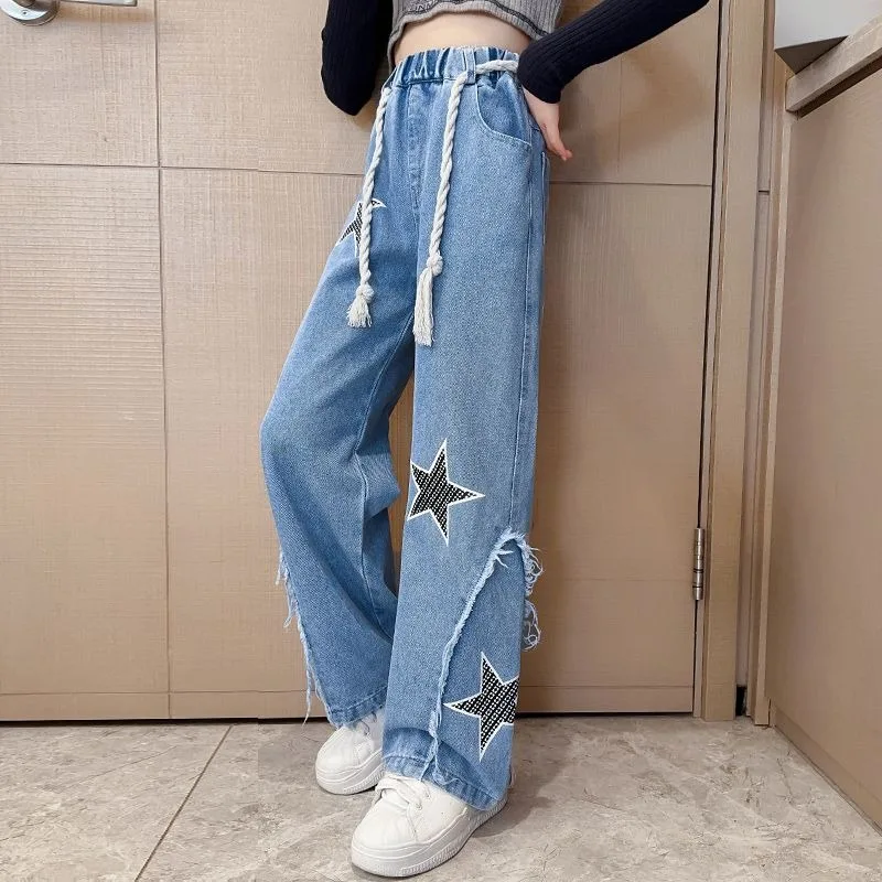 

Осенне-зимние джинсы, длинные брюки, модная школьная одежда для детей 8-12 лет, новинка 2025 года, модная одежда для девочек-подростков