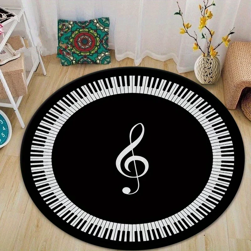 Piano Print Round Rug Music Element Carpet Living Room Bedroom Non-slip Chair Mat Sofa Coffee Table Study Area Bedside Rug Decor