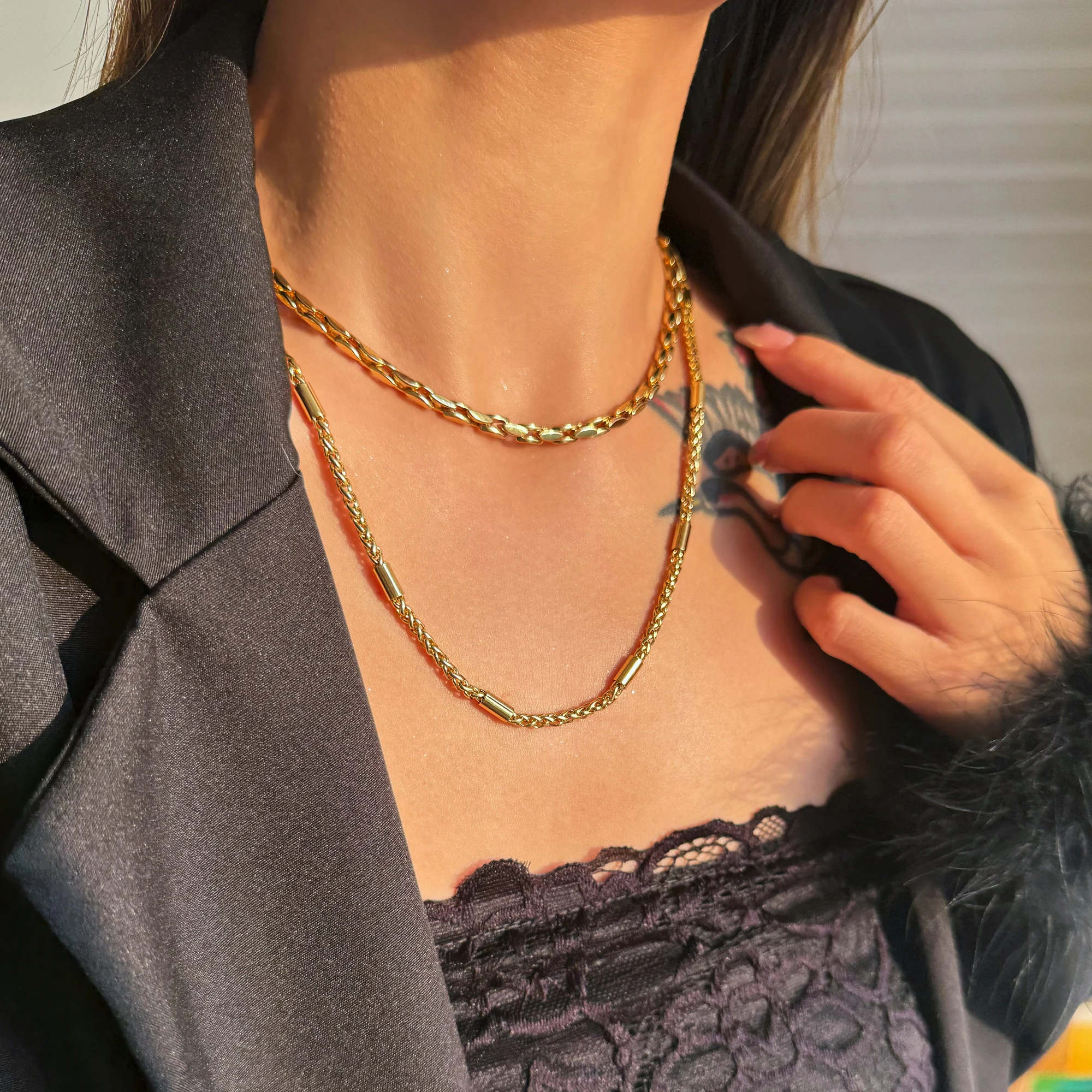 

DASEIN New Vintage Double Layer Chain Necklace For Cool Girl 18k Gold Plated Tarnish Free Stainless Steel Punk Banquet Jewelry