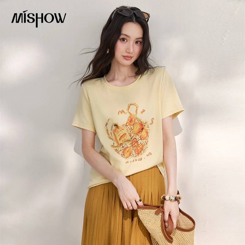 MISHOW Casual Round Neck Bread Printed T-Shirt 2026 Summer Hand Drawn Beading Loose Sweet Basic Tee Top For Women MXF29T1686