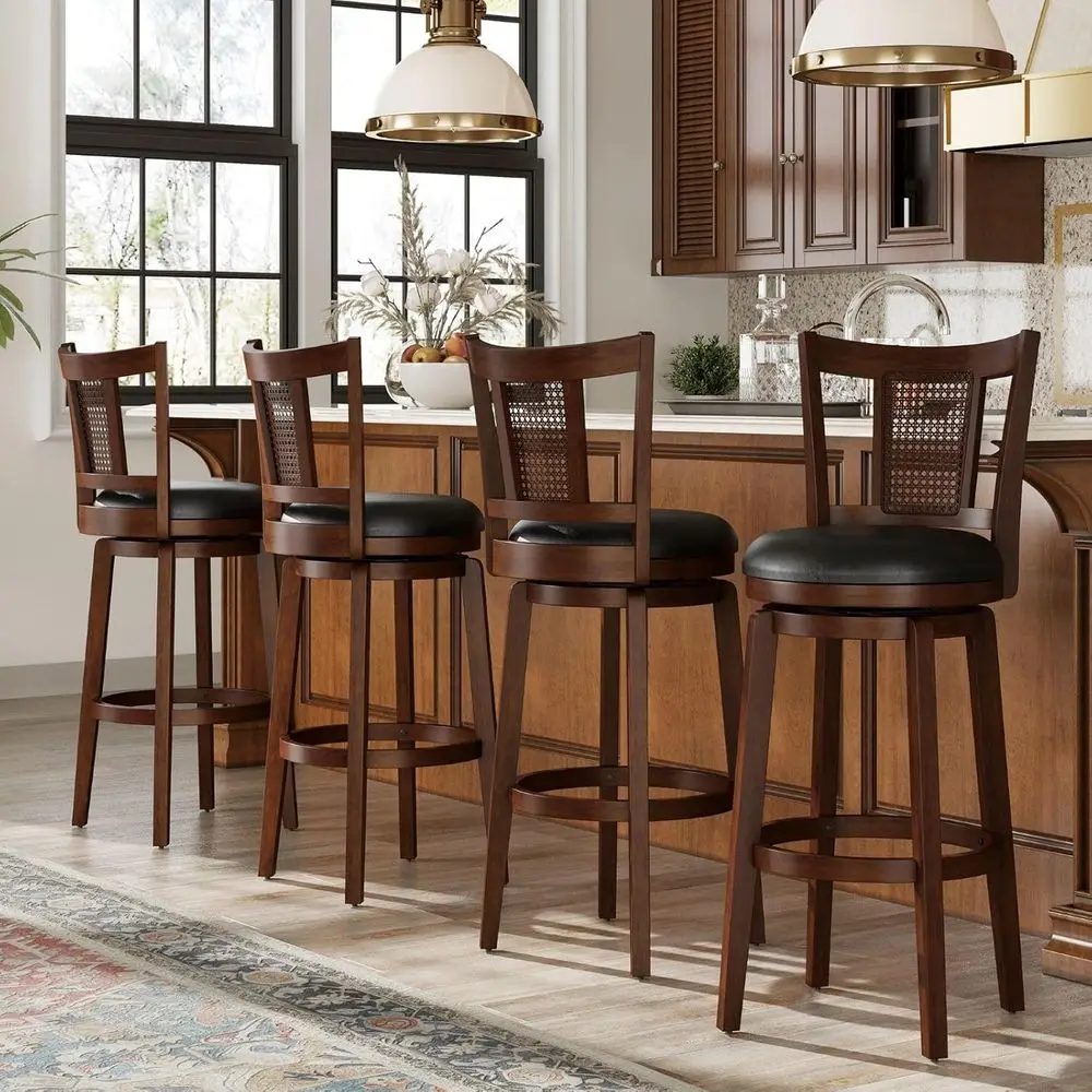

Set of 4 Brown Leather Swivel Bar Stools with Backrests and Wooden Legs, 30 High Kitchen Counter Stools