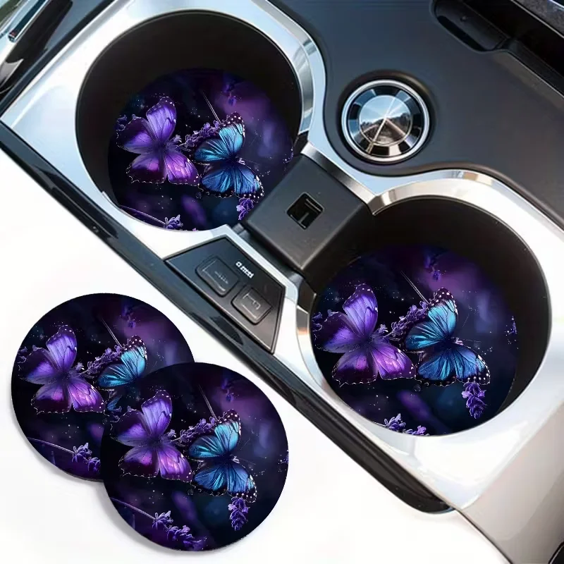 2PCS Lavender Butterfly Car Cup Mat, Car Goods, Creative Water Cup Mat, Car Interior Decoration, Non slip Storage Mat, Universal