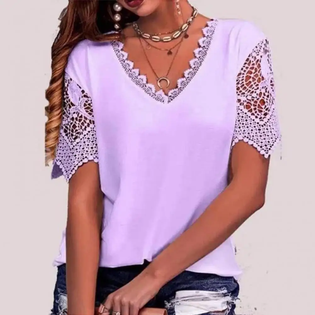 V-Neck Women T-shirt Lace Hollow Stitching Petal Short Sleeve Casual Loose Solid Color Tops Lady Pullover Women Clothing