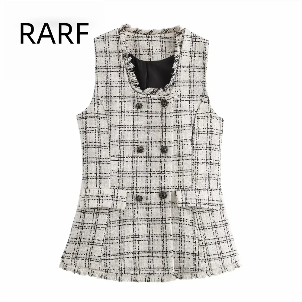 Women's  new 2024 fashionable  and casual  square neck plaid double breasted texture sleeveless vest