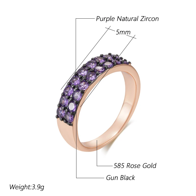Kinel Full Shiny Purple Natural Zircon Wedding Ring For Women 585 Rose Gold and Black Gold Plating Vintage Daily Fine Jewelry
