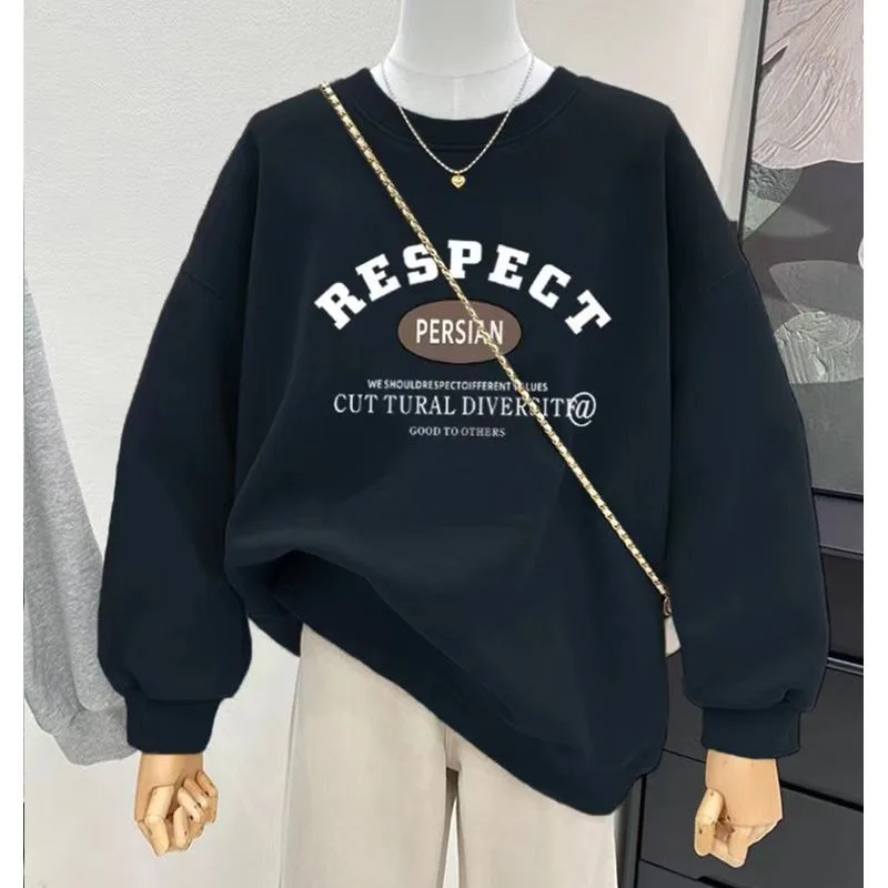 

Темно-синий новый свитшот с круглым вырезом, повседневный модный свободный пуловер в западном стиле, универсальный топ, весна-осень-зима