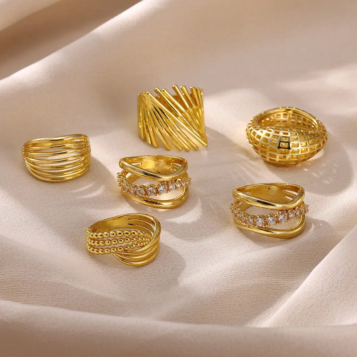 Trendy 18 K Gold Color Multi Layer Stackable Rings For Women Minimalist Geometric Zircon Finger Ring Fashion Jewelry Punk Gift