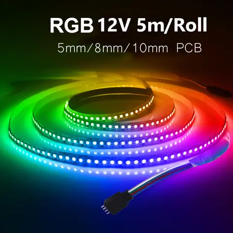 5M/Roll RGB LED Strip Light 5mm 8mm 10mm Width RGB Color Changeable 12V SMD Flexible Tape Room Decor 60 120 180LEDs/m LED Ribbon