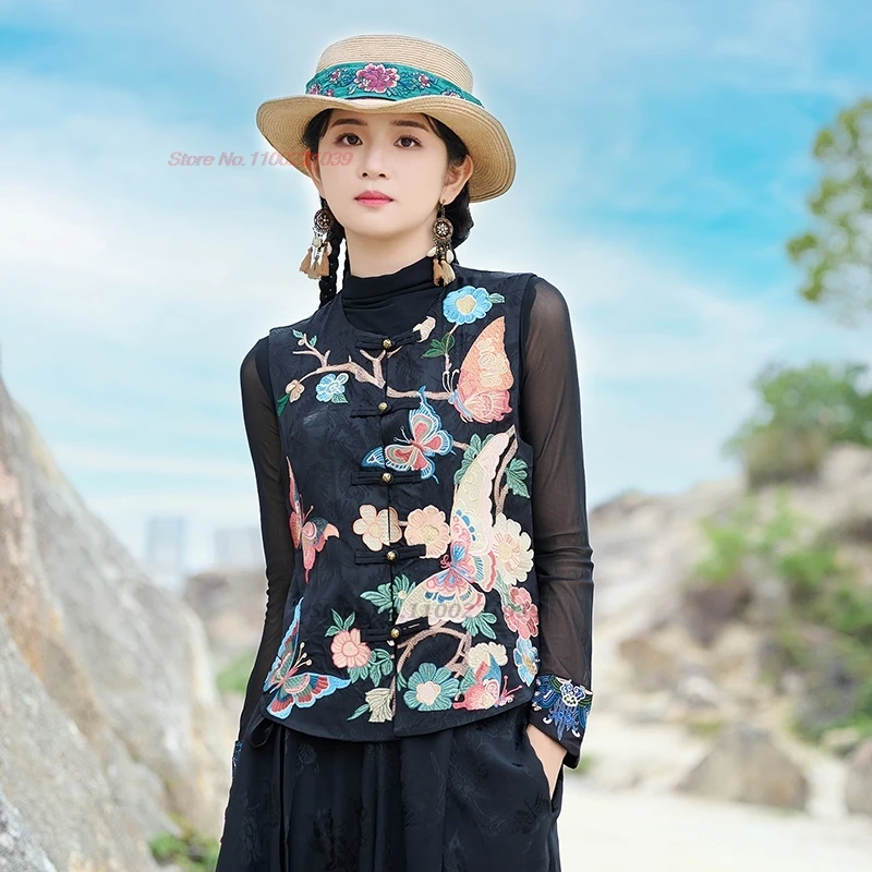 

19925, традиционные китайские топы ханьфу, винтажный атласный жаккардовый жилет с круглым вырезом, национальная цветочная вышивка, народный жилет, куртка без рукавов