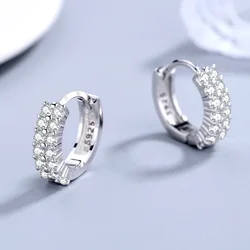Fine 925 Sterling silver original Double row crystal Round Earrings Stud for women Fashion Jewelry Engagement Party Gifts