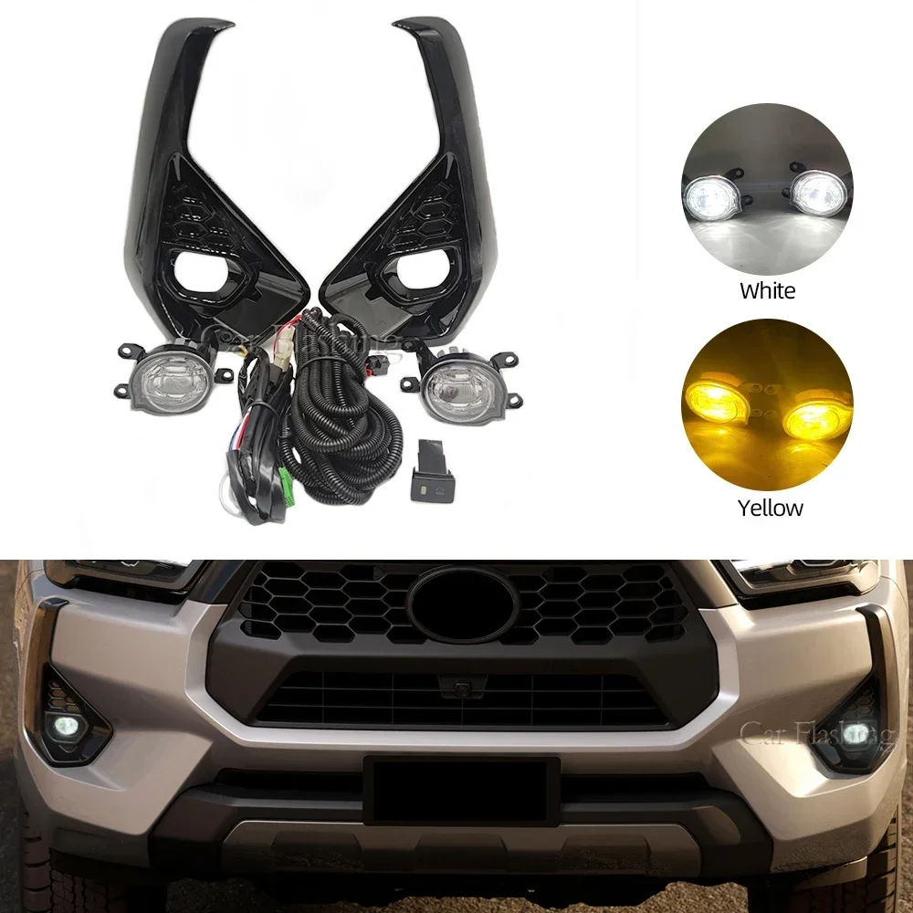 New！ Car LED Fog light For Toyota Hilux Revo 2024 Front Bumper Fog lamp Cover Grill frames Covers Cable Bezel Foglight