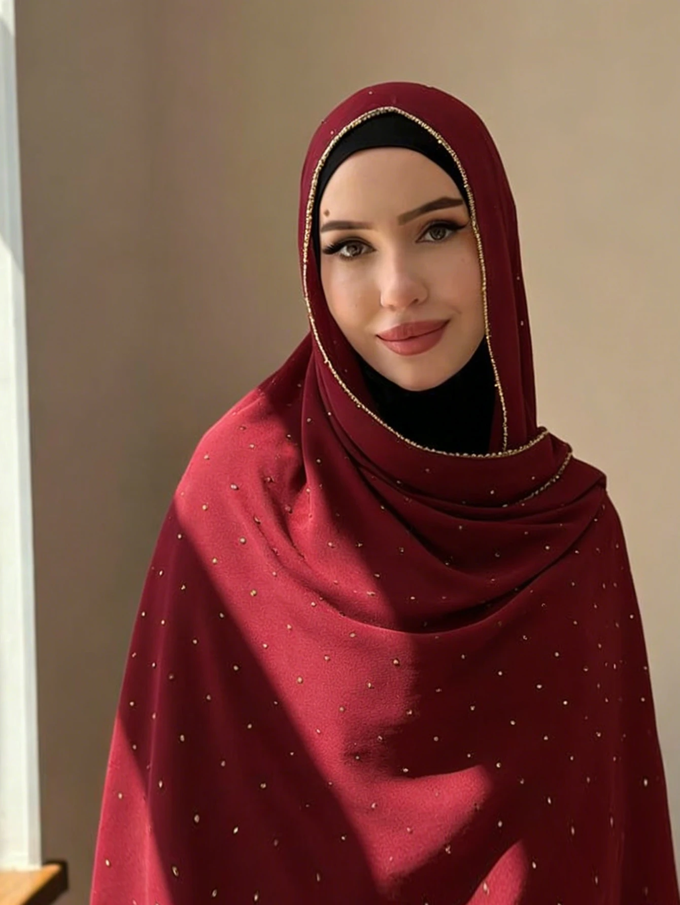 

Modest Muslim Chiffon Rhinestone Hijab Gold Zipper Scarf Islamic Headscarf for Women Party Wedding Ramadan Eid