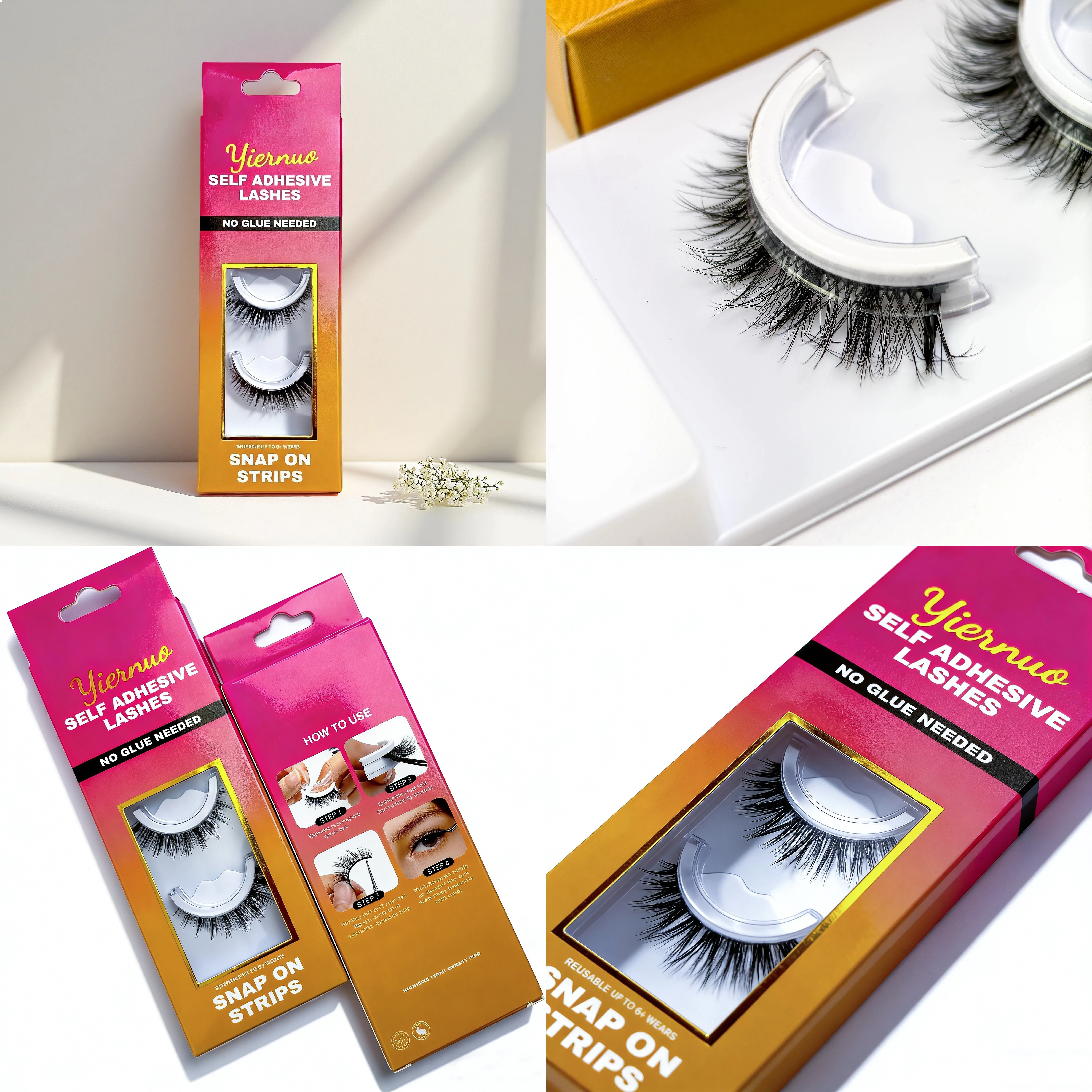 Handmade Long Lasting Synthetic Hair Cruelty-Free Reusable Natural Black Self Adhesive Press Pre Glued Full Strip Lashes